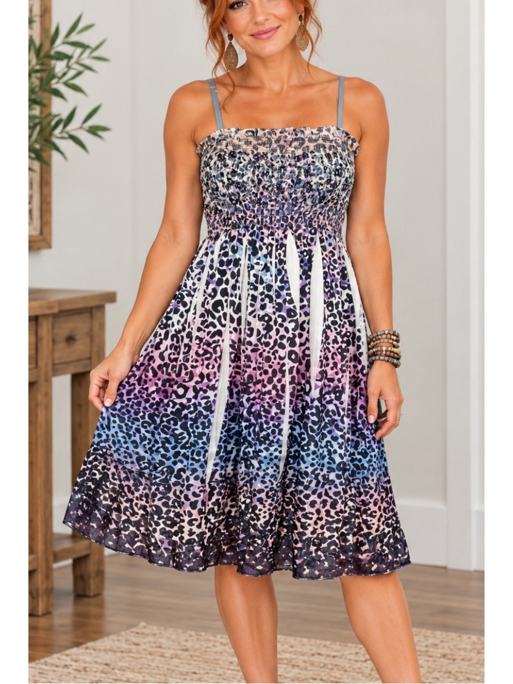 Lapis colorful animal-print sundress featuring a smocked bodice, One Size Fits A
